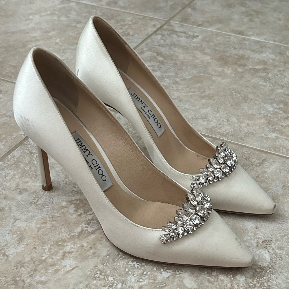 Jimmy Choo ROMY 85 Ivory Satin Heels with Crystal Tiara Embellishments Size 37